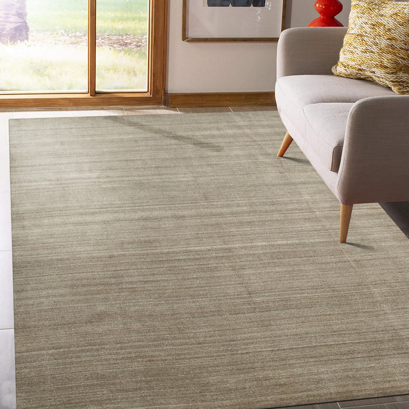 Tapis brun contemporain en laine noué à la main à motif géométrique strié, 9 pi x 12 pi