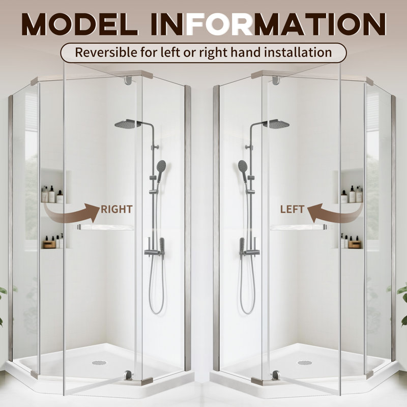 38" W x 38" D x 72" H Semi-Frameless Neo-angle Shower Door with Towel Bar and Fixed Panel, Brushed Nickel, Clear