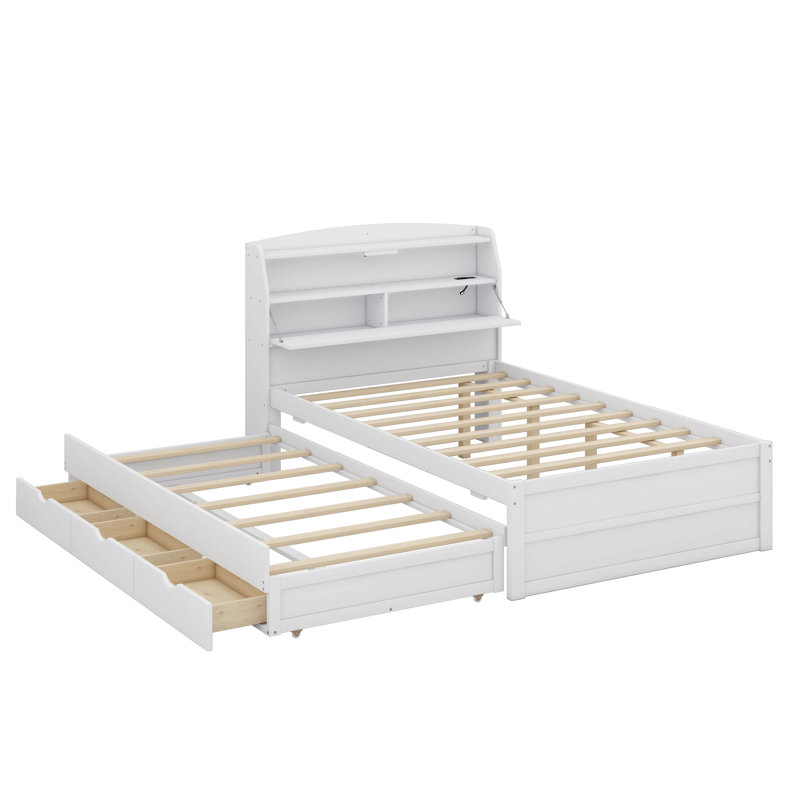 Ensemble de lit plateforme en bois à DEL avec lit gigogne escamotable, tête de lit et tiroirs, Double, Blanc