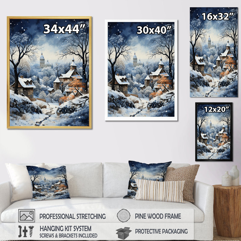 Harmonie du village d'hiver I - impression, Cadre simple argenté, H 40 po x l 30 po x P 1,5 po