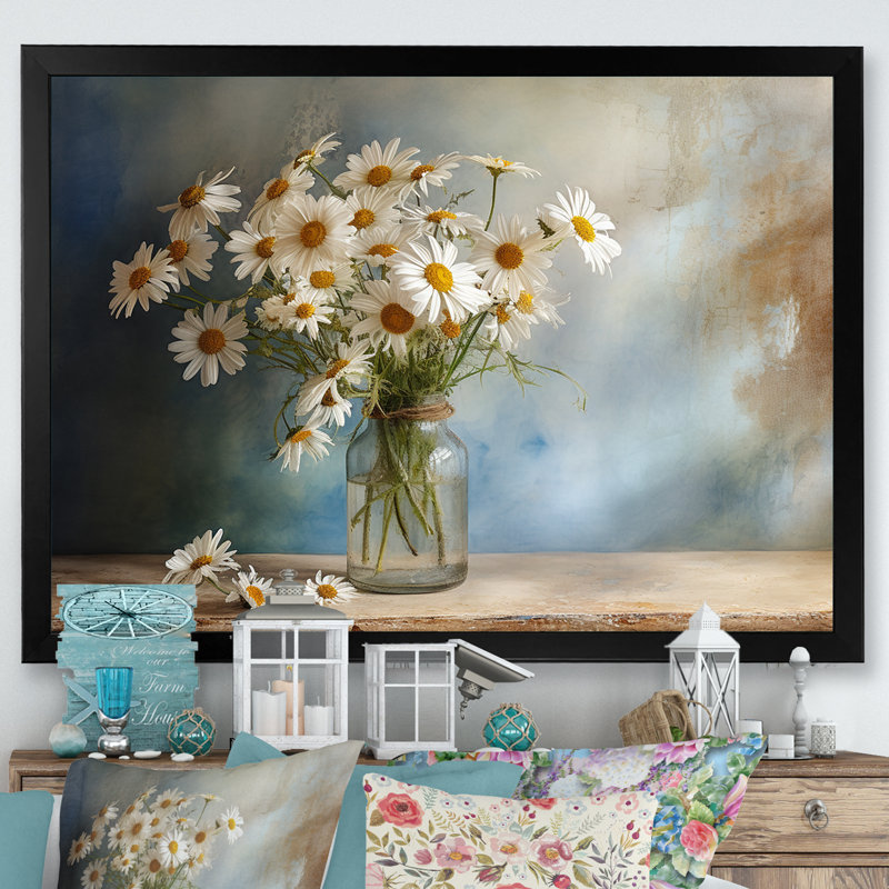 Bouquet de marguerites blanches - sérénité II, Cadre simple noir, L 20 po x H 12 po x P 1 po