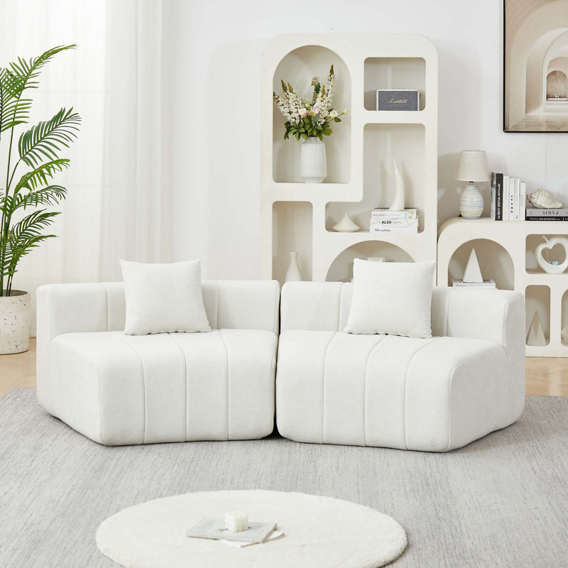 Canapé modulaire incurvé chenille avec 2 coussins Chenille, Chenille beige