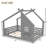 Solid Wood Kids House Floor Bed with Window & Shelf – Low-to-Ground Full Bed, No Box Spring Needed,Gray-676718426-676718368