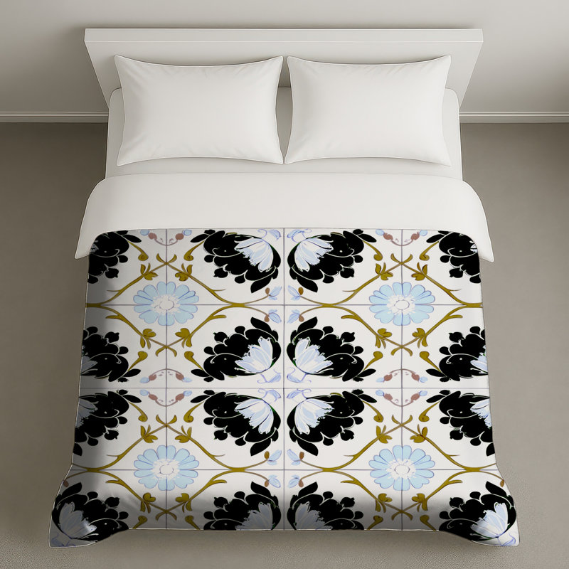 Housses de couette à motif floral noir et blanc, Grand lit