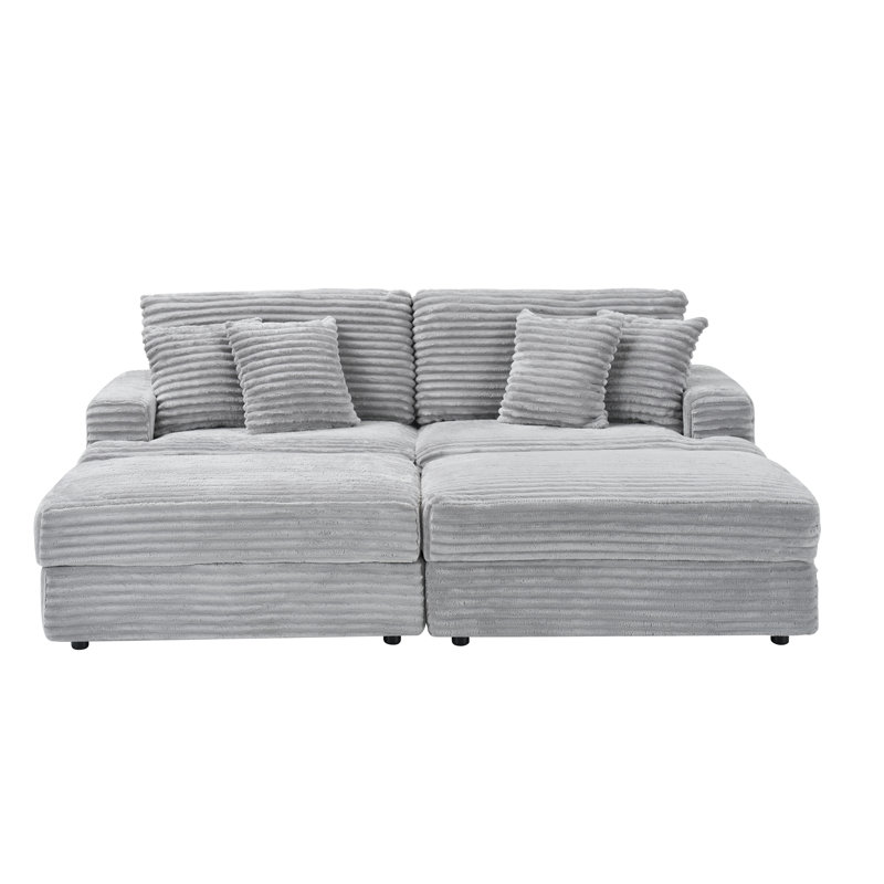 Canapé 88,58 pouces en velours côtelé gris avec deux pieds de rangement et quatre coussins, doux et élégant pour le salon et le bureau