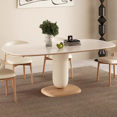 White+Burlywood Rectangular Sintered Stone+Solid Wood Dining Table