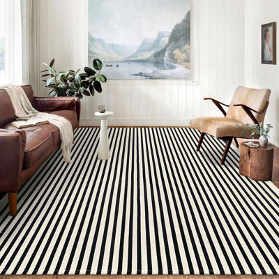Striped Oudoor Indoor Area Rugs Black and Beige Washable Area Rug Cotton Rug