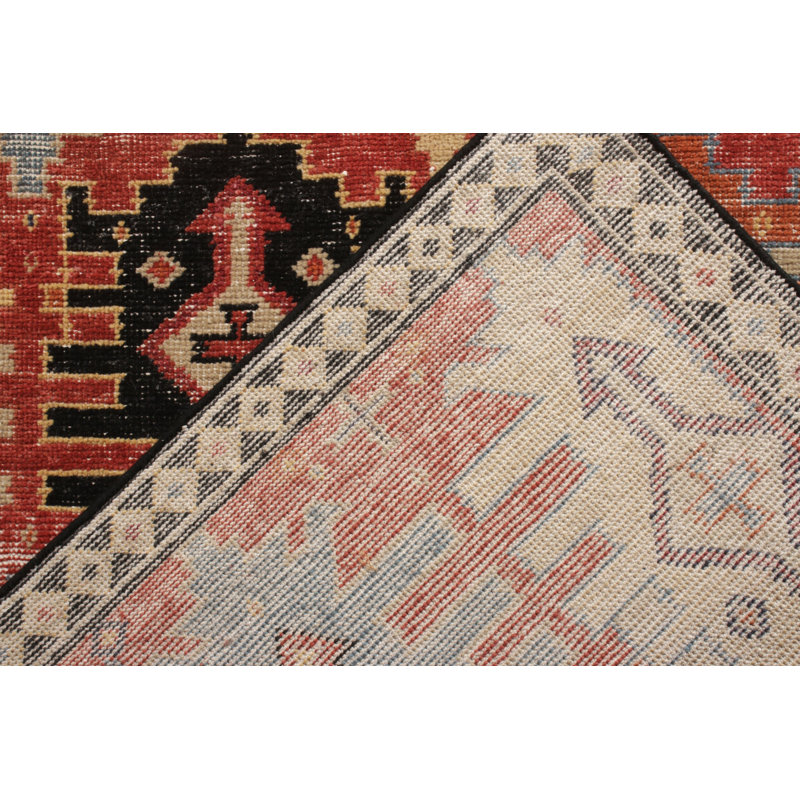 Distressed Homage Hand Knotted Wool Geometric Area Rug in Red, Black, Yellow, Blue, Orange, Rectangle 10' x 14'