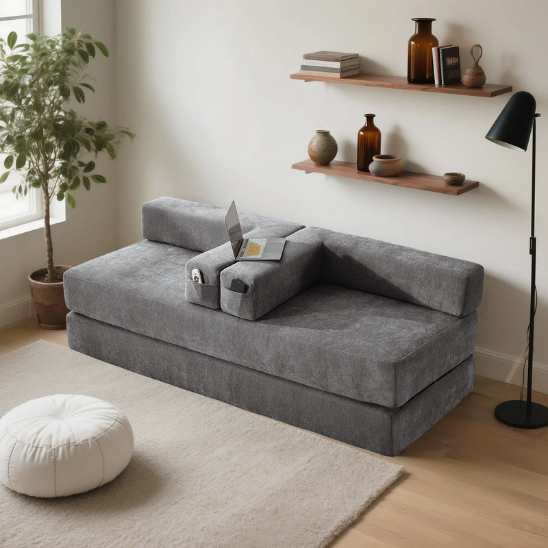 Canapé-lit convertible moderne 6-en-1 avec coussins, Gris chenille