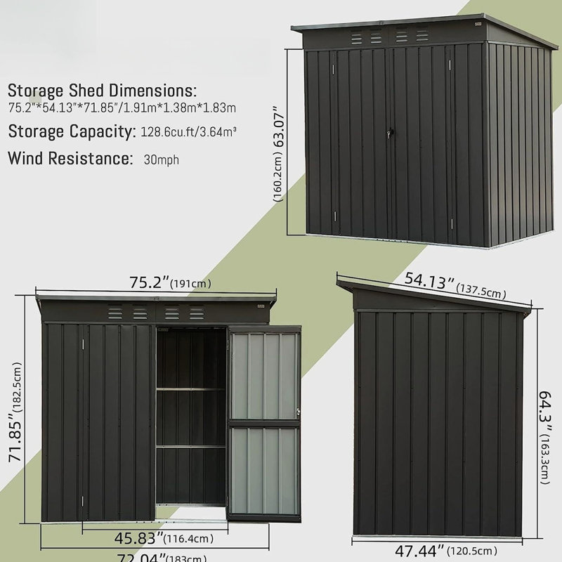 Remise en métal de 6 pi x 4 pi avec matériau - Toit incliné de rangement extérieur verrouillable noir 6 pi x 4 pi