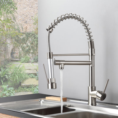 Robinet d'évier de cuisine avec douchette amovible, placage nickel brossé, poignée simple, robinet de style contemporain, tête de jet, remplisseur en céramique, pour éviers