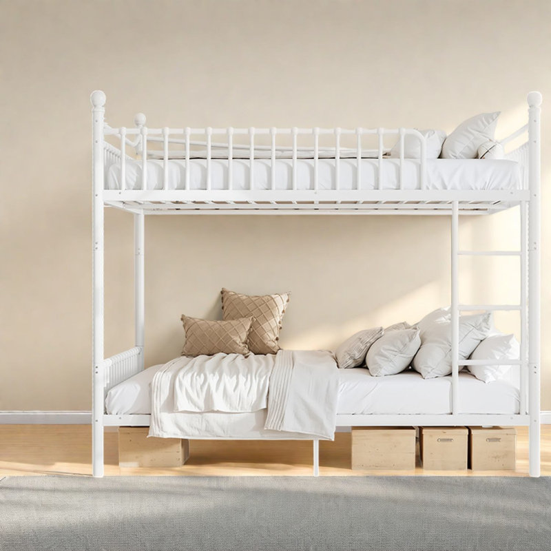 Lits superposés Queen gain de place, métal blanc, style ferme moderne, Blanc