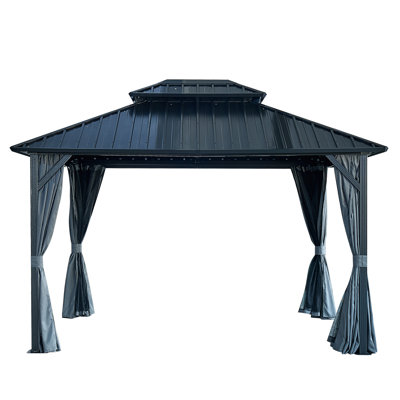 Pavillon de jardin 10 pi x 12 pi avec toit double en acier galvanisé, structure robuste, rideaux et filet pour patio, pelouse et jardin