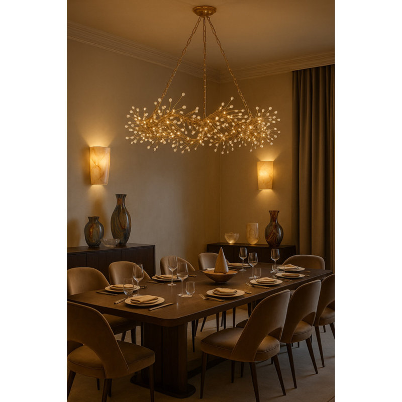Lustre suspendu clair à structure verticale en quartz Kahekili, Or antique, Transparent, 20" Diameter x 10" Height