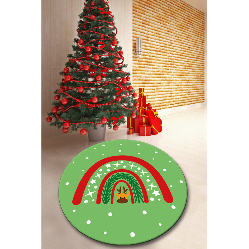 Christmas-Themed Area Rug, 6.6 ft Diameter, Green, Red & White | 100% Polyester, Antibacterial, Non-Slip Underside | 0.4 in Pile Height, Machine Washable, Perfect for Holiday Decor & Festive Gatherings