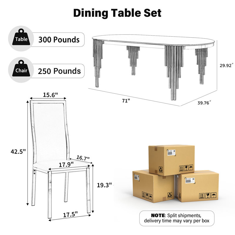 Ensemble de table de salle à manger 71 "pour 6 personnes, Noir et or