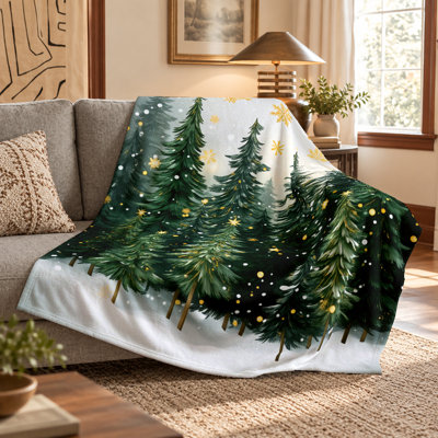 Winter Evergreen Forest Blanket, Gold Snowflake & Star Throw, Cozy Christmas Tree Fleece Blanket