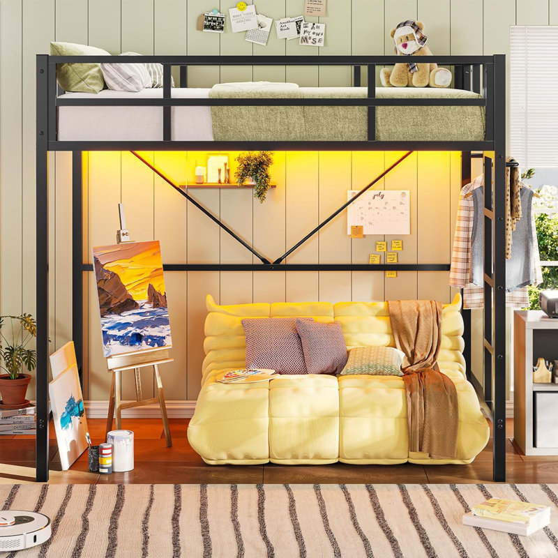 Loft Bed Twin Size With Led Lights Heavy Duty Metal Junior Twin Loft Bed Frame With Full-length Guardrail And Ladder, Noise-free, Space-saving, No Box Spring Needed