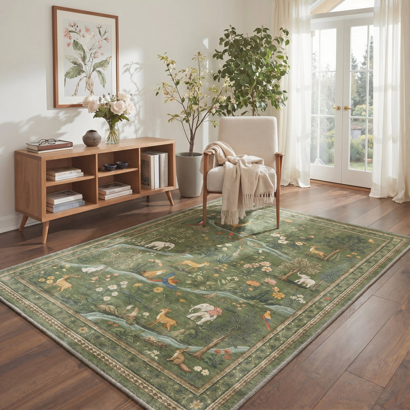 Fawnwood Rustic Machine Washable Green Indoor Area Rug with Non-Slip Backing, Rectangle 8' x 10'