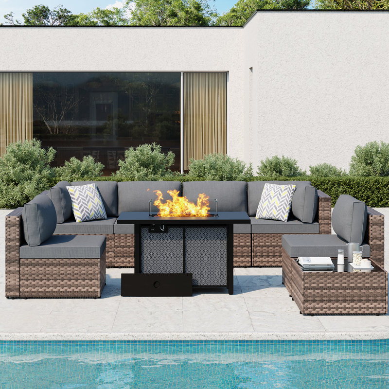 Emanie 6-Person Wicker Outdoor Seating Group with Cushions and Fire Pit, Brown, Gray