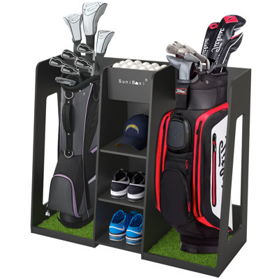 Le support de support de rangement pour sac de golf convient à 2 très grands sacs de club de golf et à plusieurs accessoires pour équipement de golf. Grands cadeaux pour tous les niveaux de golfeurs dans le garage