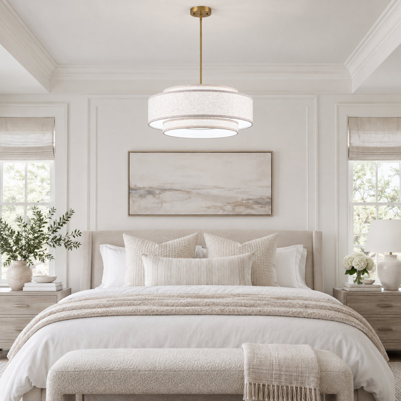 Lustre tambour moderne doré à 6 lumières de 60 cm (23,6 po) avec abat-jour à 3 niveaux en tissu texturé lin, Gold, 6