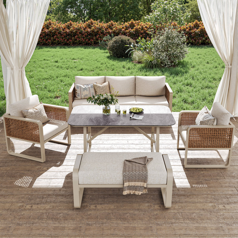 Modular Pe Rattan Outdoor Sofa Set With Washable Cushions & Marble Table