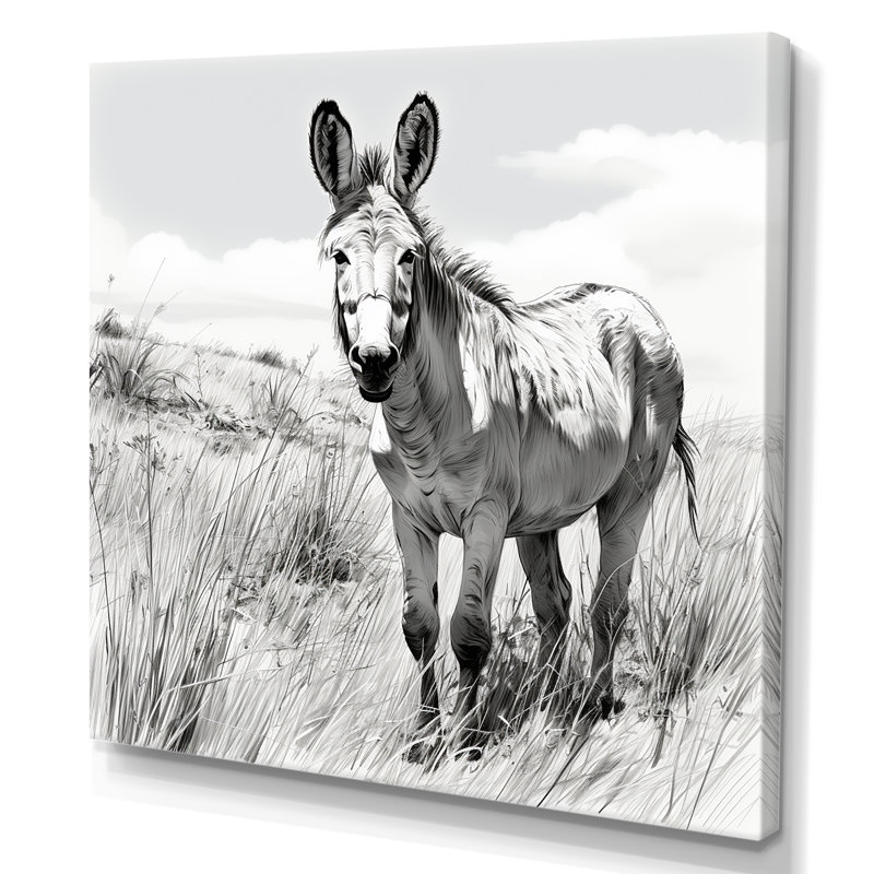 «Black and White Donkey Meadow Journey», art mural âne, H 30 po x l 30 po x P 1,5 po, Toile tendue