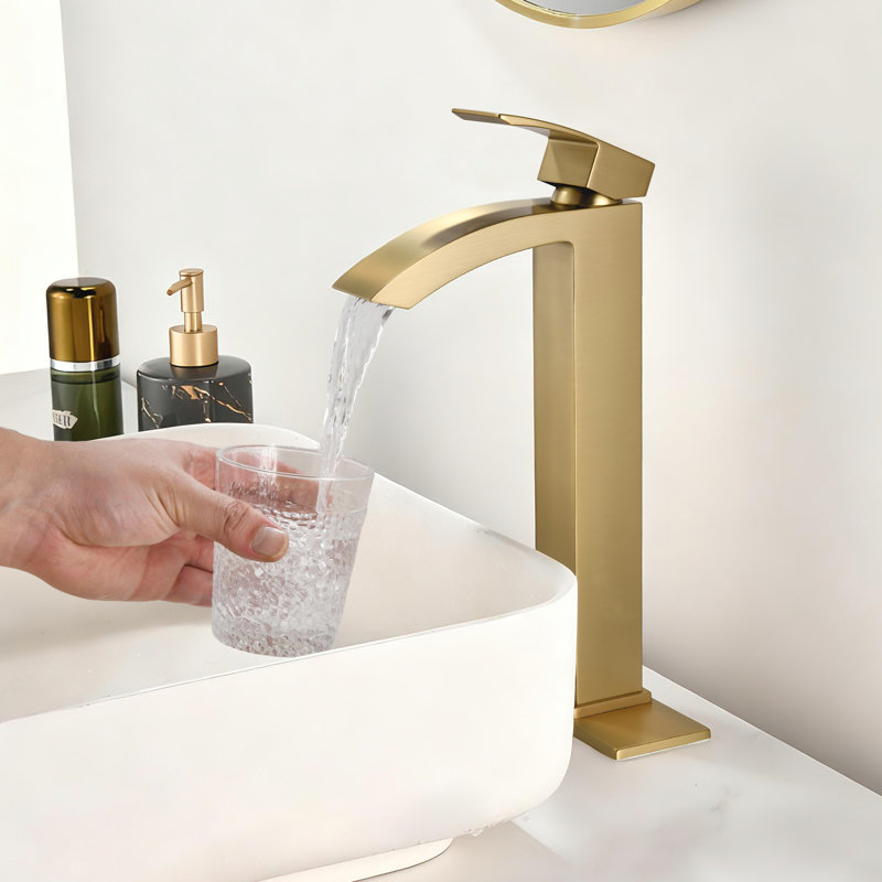 12-1/5” Solid Brass Single Lever Vessel Sink Faucet, High Arc Sink Faucet with Optional Drain Assembly, Brushed Gold