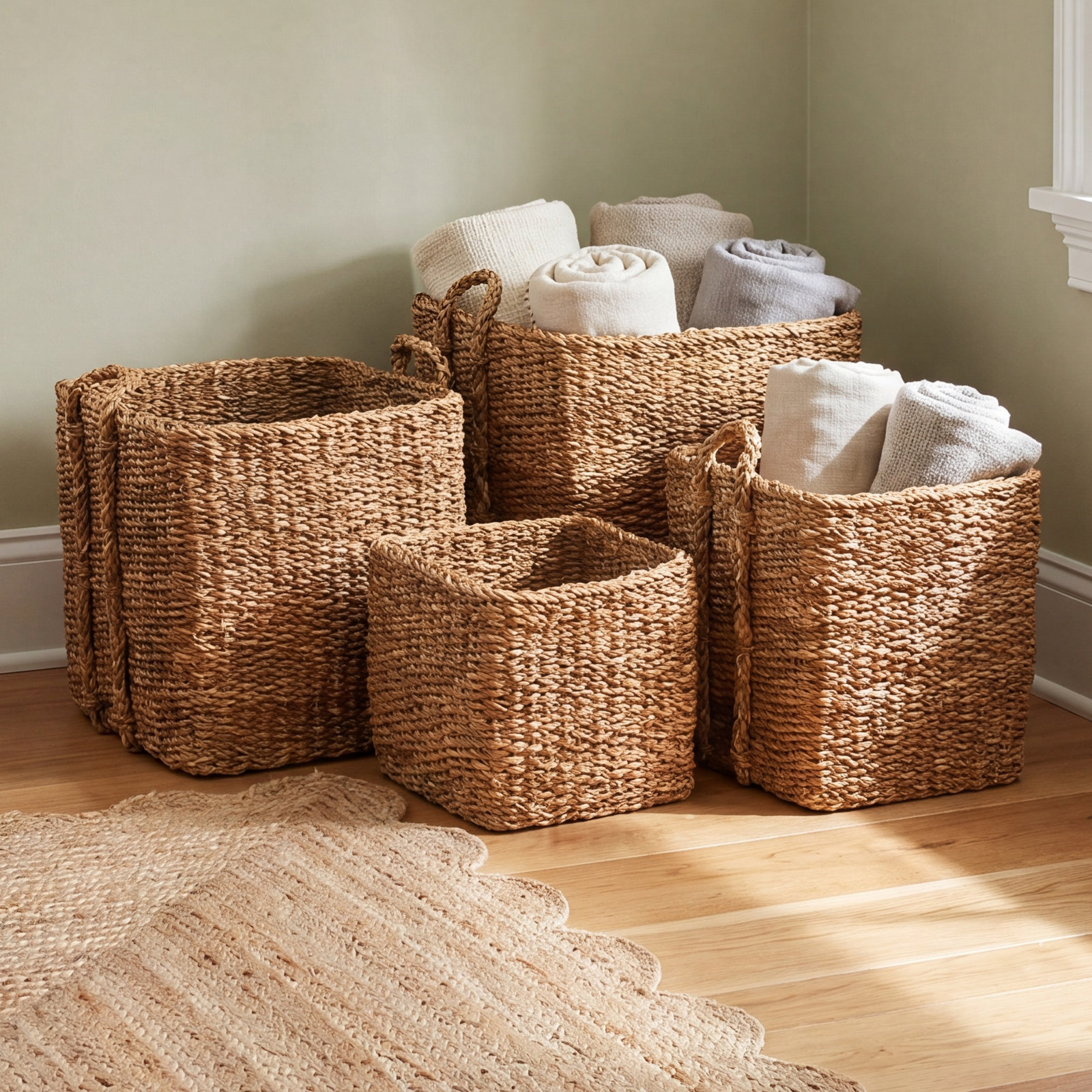 Charton Handmade Seagrass Basket With Handles - Set of 4