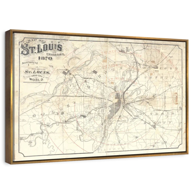 Carte rétro de St Louis II, 31 po x 21 po, Cadre flottant doré