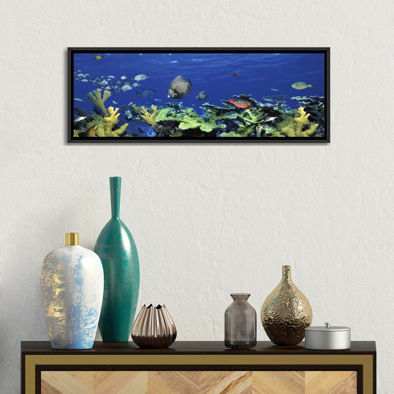 " School Of Fish Swimming In The SeaDigital Composite " by Panoramic Images, 12" H x 36" W x 1.5" D, Wrapped Canvas