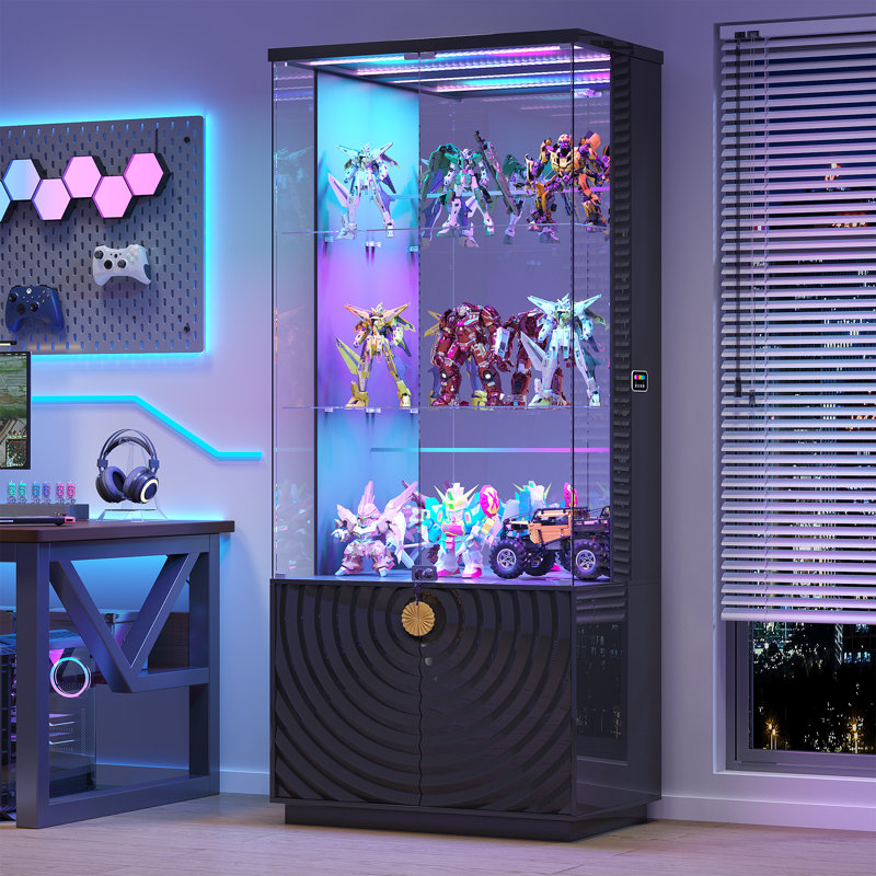 Glass Display Cabinet with Sensor Light and Lock, Black