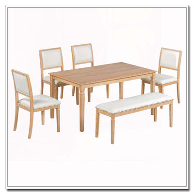 6-Piece Vintage Extendable Dining Set with Bench and Carved Legs (Natural Wood Wash)
