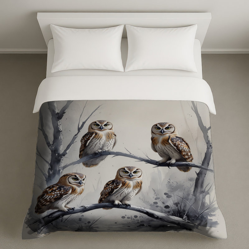 Quatre hiboux sur une housse de couette branche, Grand lit