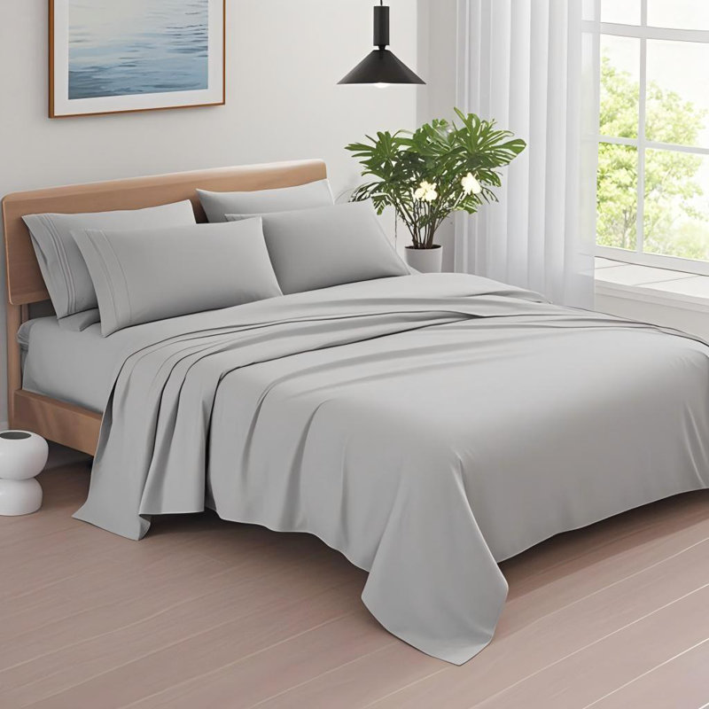 Ensemble de draps 6 pièces, Gris clair, Couvre-lit / courtepointe très grand