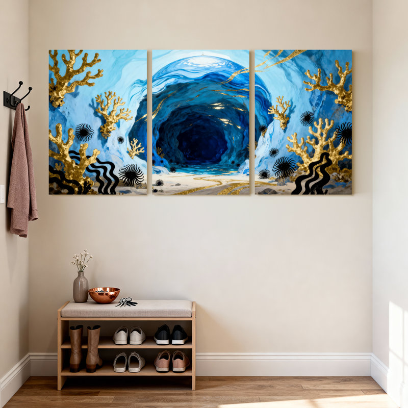 Tunnel sous-marin avec corail doré et vie marine, ensemble de 3 impressions sur toile, H 30 po x l 60 po