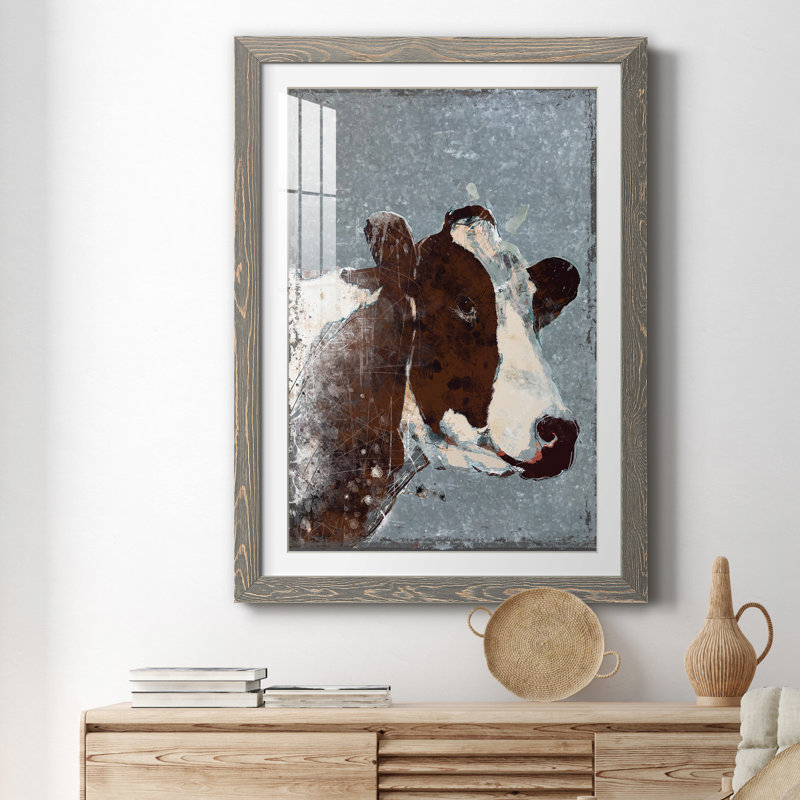 Vache sur métal galvanisé - peinture encadrée, Toile avec cadre gris, H 31 po x l 44 po x P 1 po