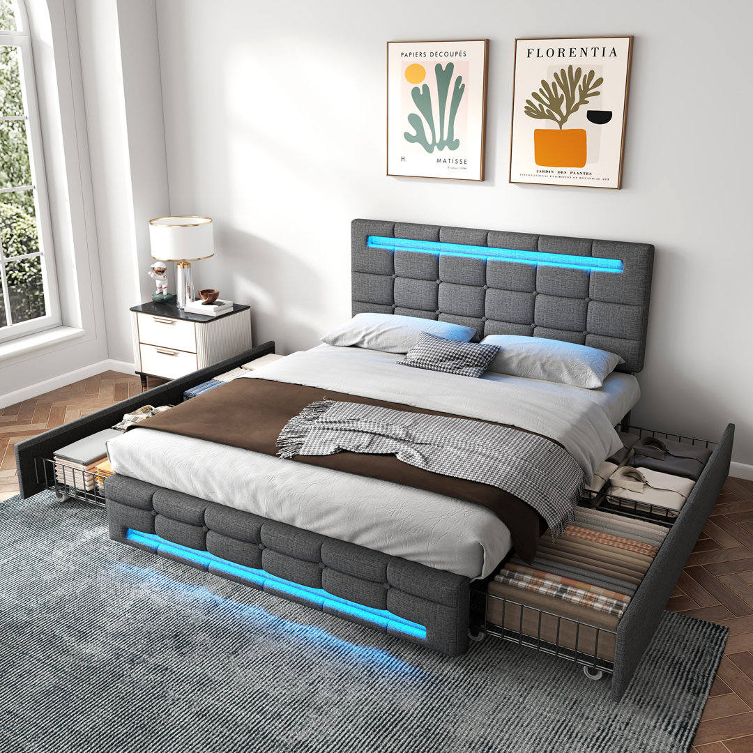 - 4ft6 Double Upholstered Linen Bed, Rgb Led Lighting, 4 Side Storage Drawers, Adjustable Button Tufted Headboard, Grey, No Mattress