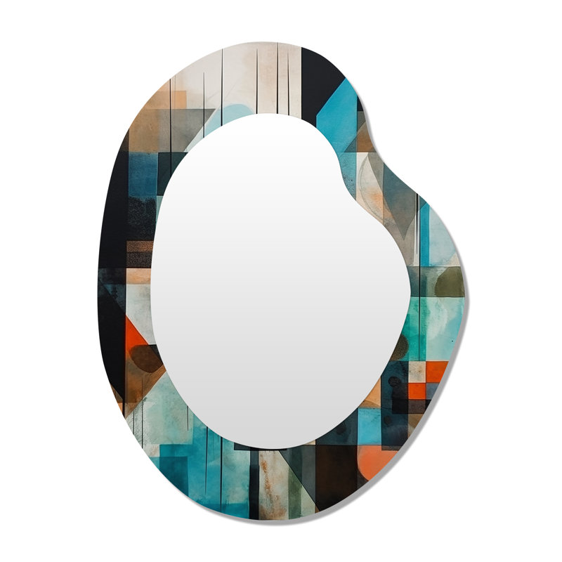 «Orange Abstracted Geometric Explorations I» - grand miroir mural de forme unique géométrique, miroir asymétrique moderne, art imprimé en métal
