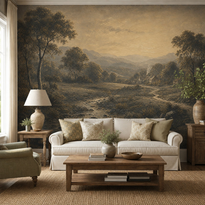 Papier peint rétro avec paysage rustique campagne sépia, 160"x108", Textured Non-Pasted