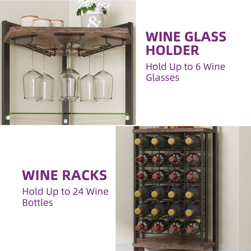 Samontha 67" Height Corner Bar Cabinet with LED Light and Outlet, Freestanding Corner Wine Rack with 6 Tier Wine Rack and Goblet Rack
