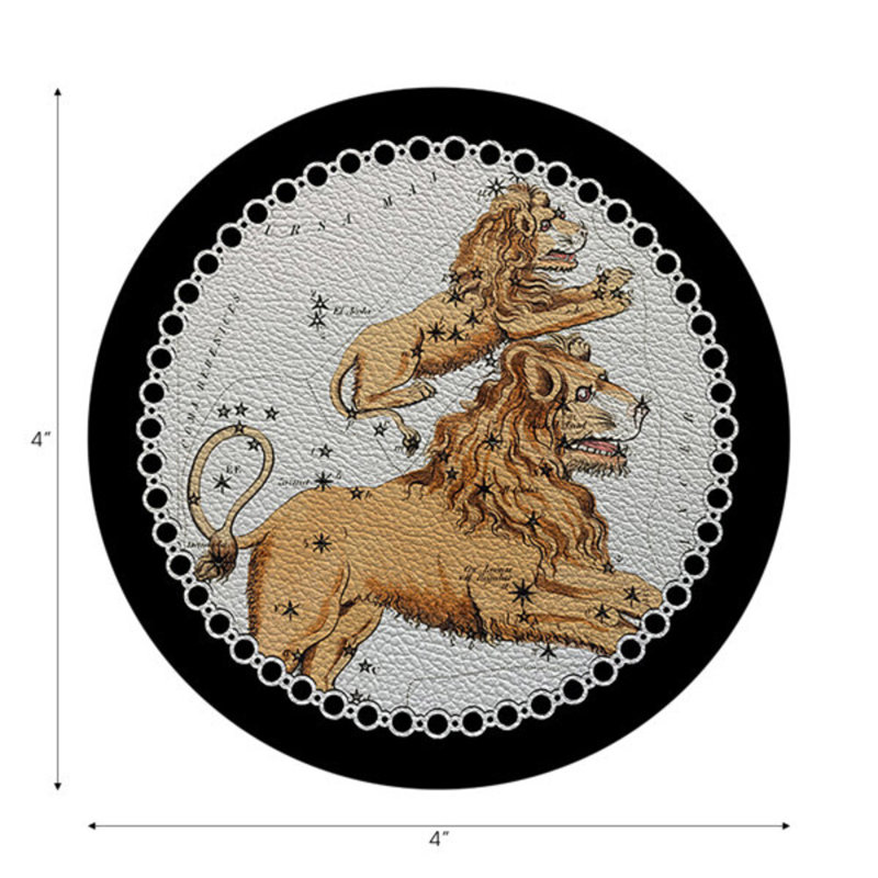 Zodiac Leo Black Vegan Leather Round Coasters, Black