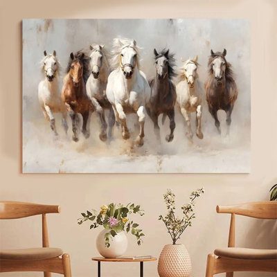 1Pc Framed Canvas Poster Print A herd of galloping horses, seven stallions in a realistic oil painting style Wall Art, Wall Decor, Perfect for Room Decor Living Room Bedroom Office Kitchen Bathroom Home Decor, Rustic & Modern Ideal Home Wall Decoration