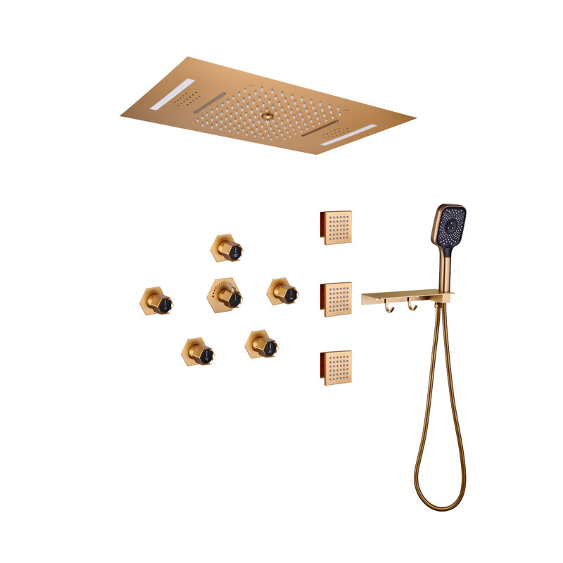 35"L x 12"W Flush-Mount Luxury Thermostatic Shower System with 3 Body Jets and Storage Shelf, Brushed Gold
