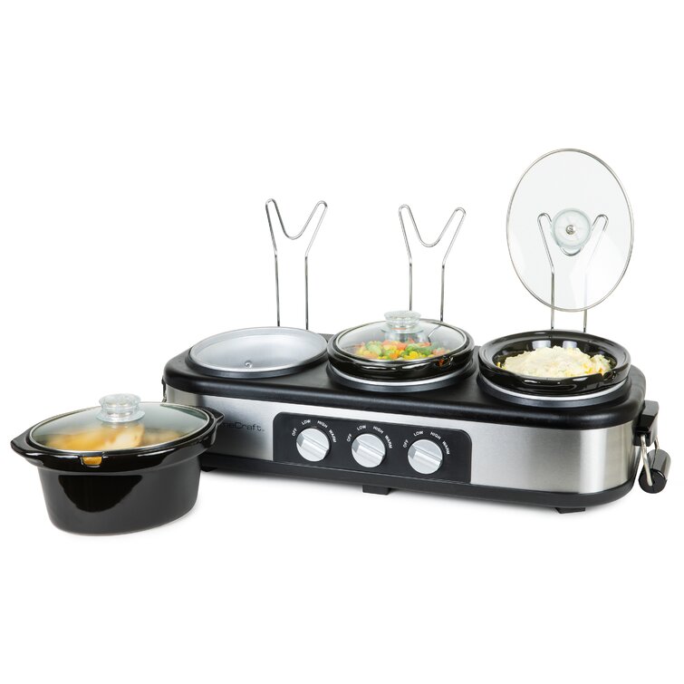Triple Slow Cooker with 3 Spoons, 3 Pot 1.5 Quart Oval Crock Food Warmer  Buffet Server, Stainless Steel 