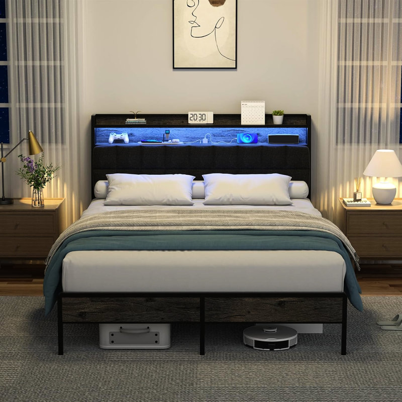 Base de lit pleine grandeur en métal, tête de lit ergonomique, rangement multifonctionnel, système d'éclairage à DEL, prises de recharge, pièce maîtresse de chambre moderne