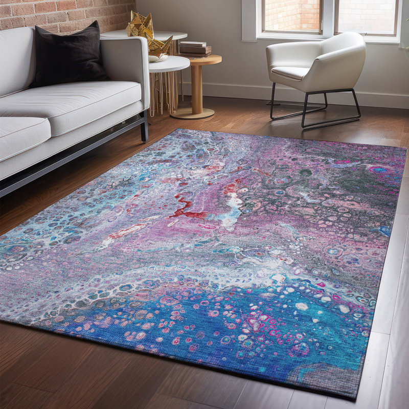 Tapis bleu Cerrito AMF588 lavable à la machine de qualité supérieure, Rectangle 5 pi x 7 pi 6 po