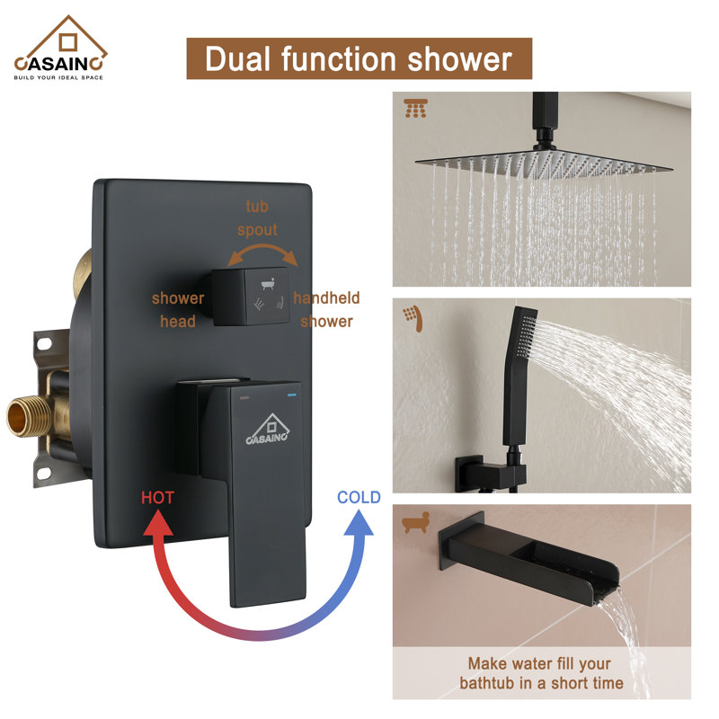Matte Black 10-Inch Ceiling-Mounted Shower System with Handheld and Tub Filler