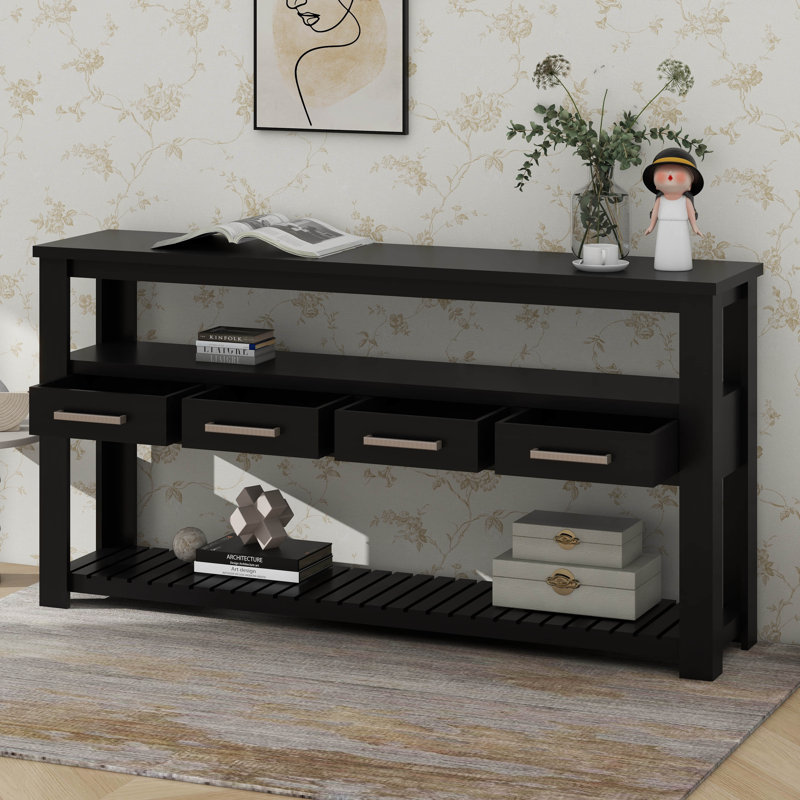 Grande table d'entrée avec 4 tiroirs, console peinte avec tablettes ouvertes à 3 niveaux et poignées en métal, Black